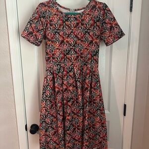 LuLaRoe Red Black Multi-Pattern Midi Dress